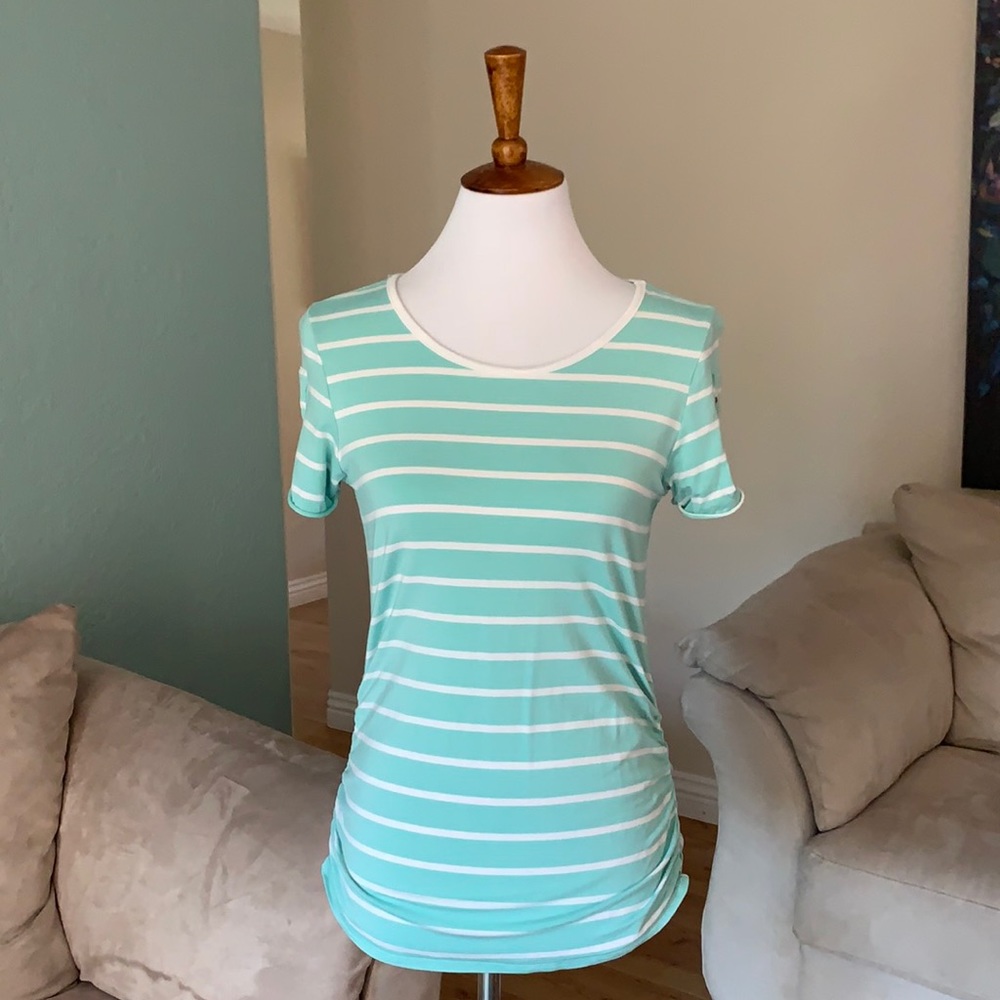 Maternity turquoise white striped zippered t shirt